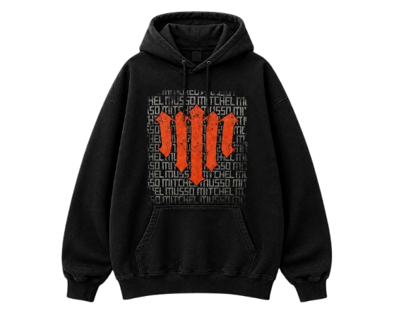 Black hoodie with the orange MM monogram